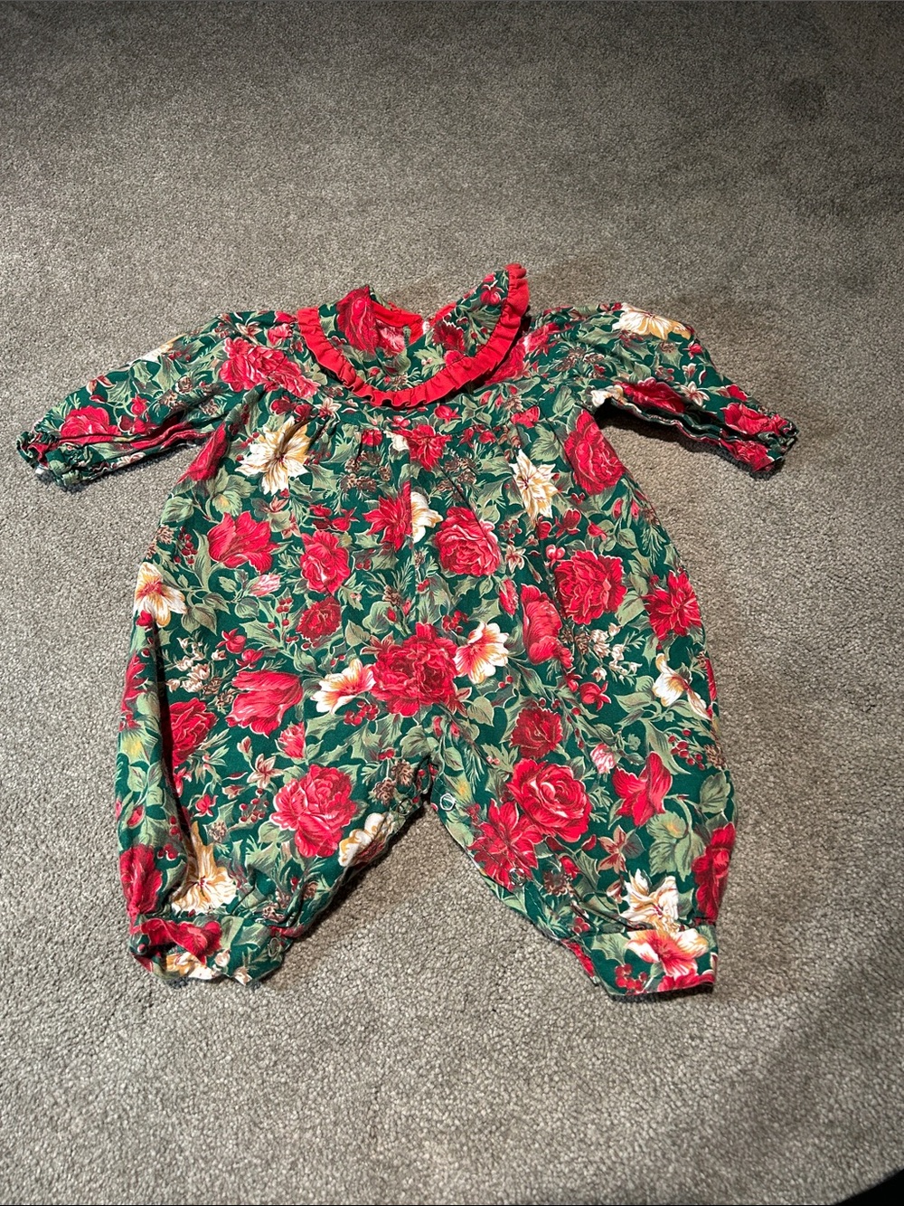 Vintage Green Floral Baby Romper with Red Accents